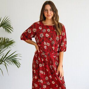 Notations 2X Red Floral Blouse & Skirt Set 100% Rayon Boho Midi Outfit